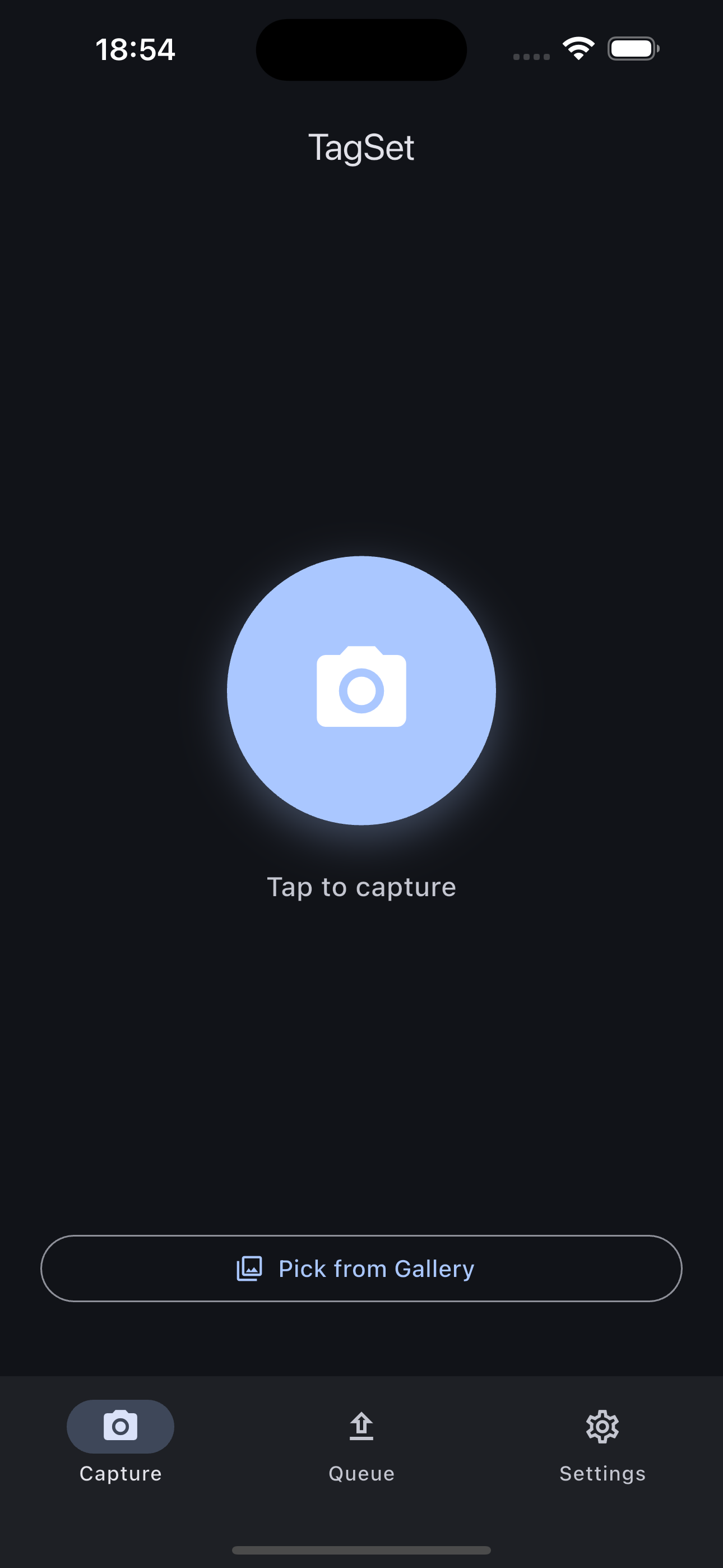 TagSet capture screen with a tap-to-capture button