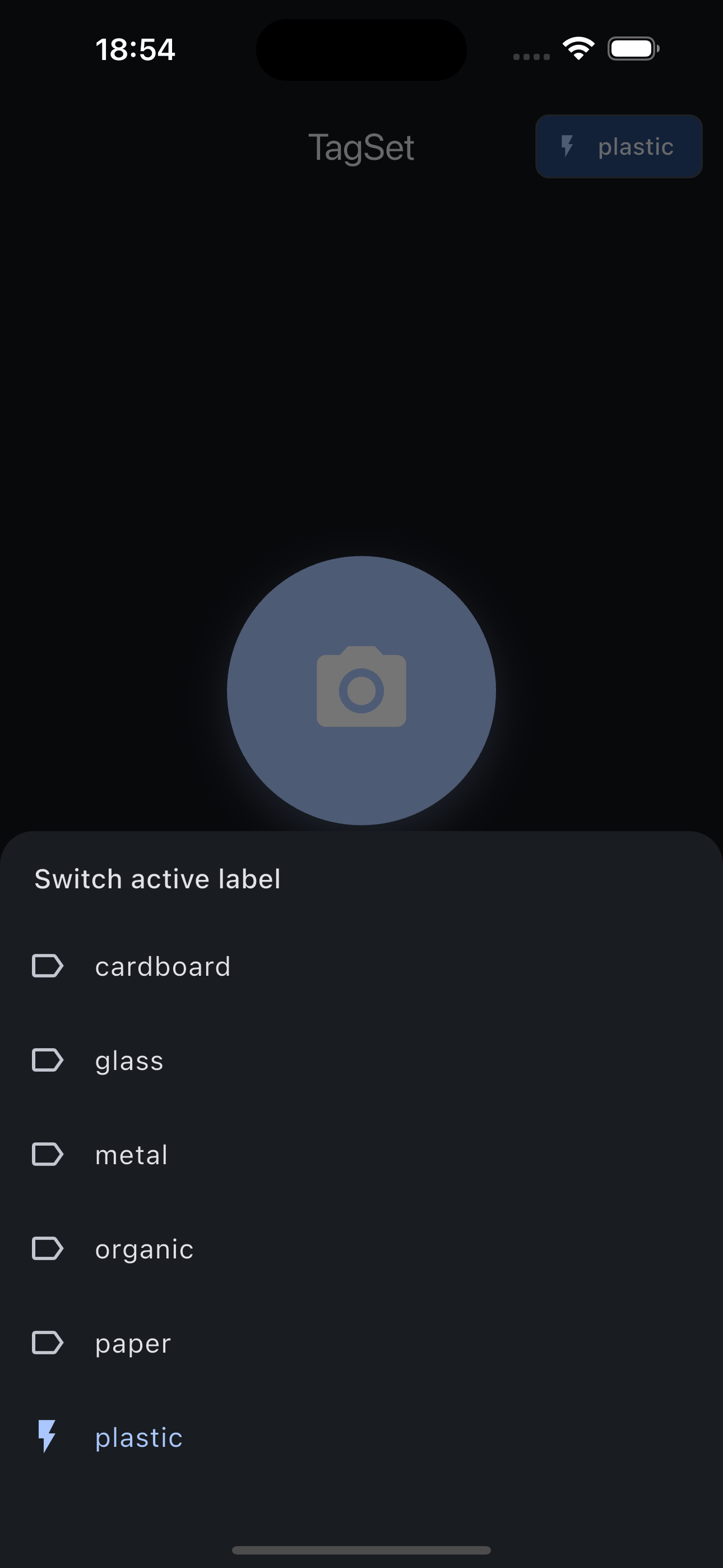 TagSet label picker, switching the active label while capturing