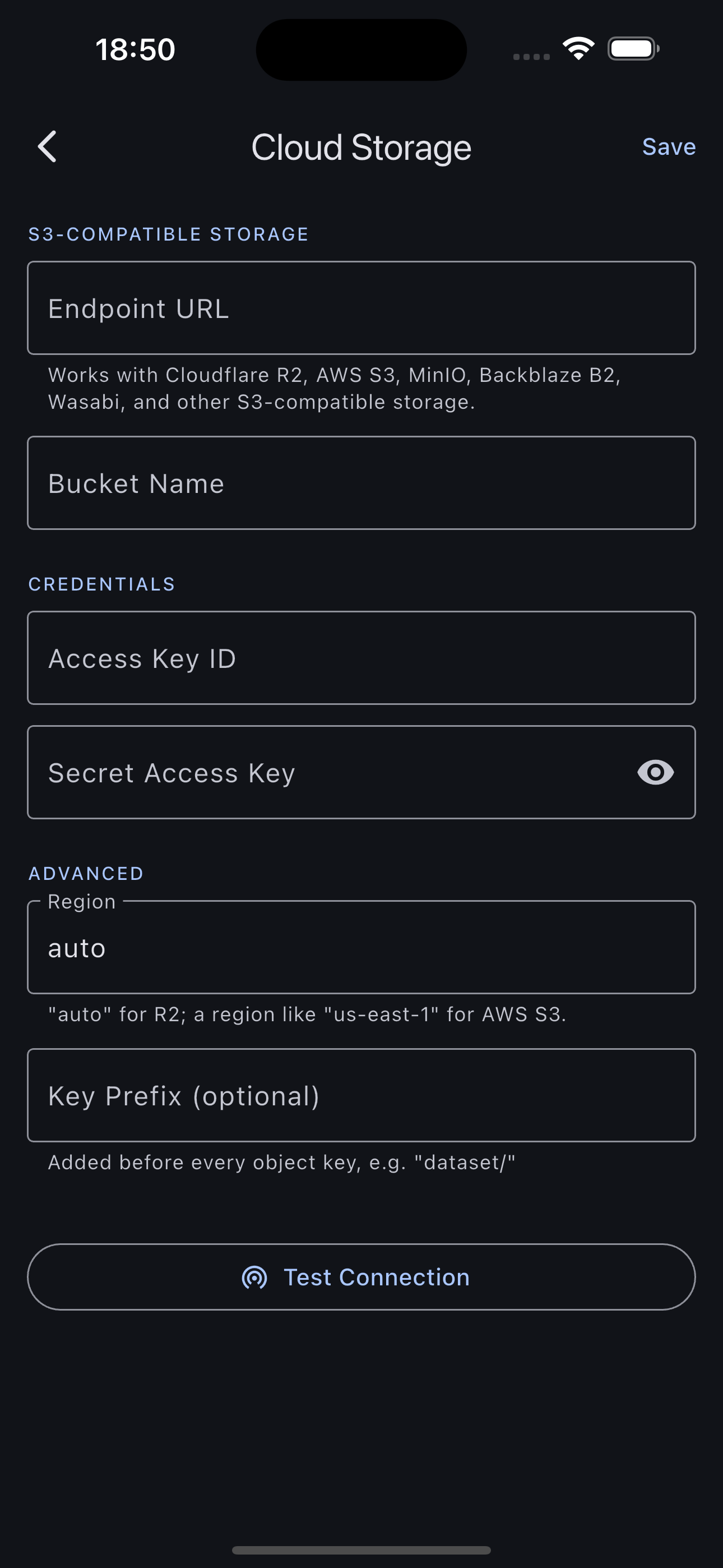 TagSet cloud storage settings showing endpoint, bucket, keys, and region